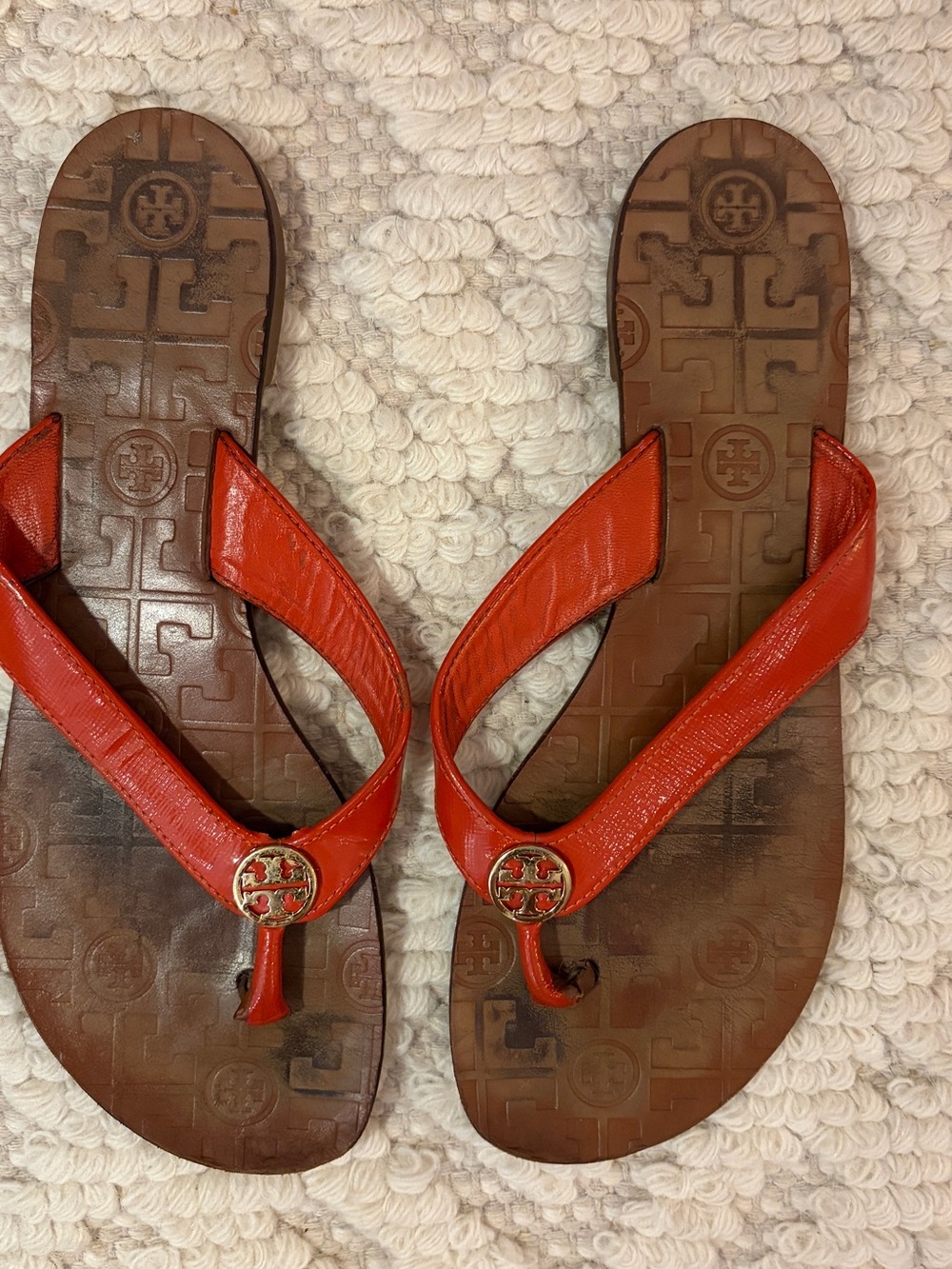 Tory Burch Orange Patent Leather Thong Sandals